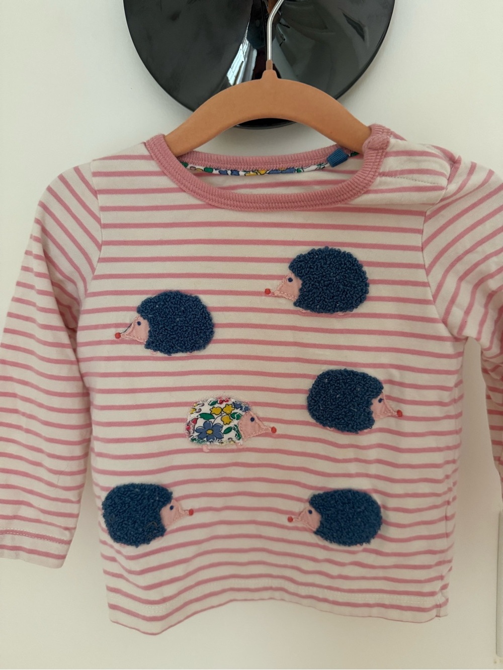 Baby Boden Pink and White Striped Long-Sleeve Tee with Navy Hedgehog Appliqués